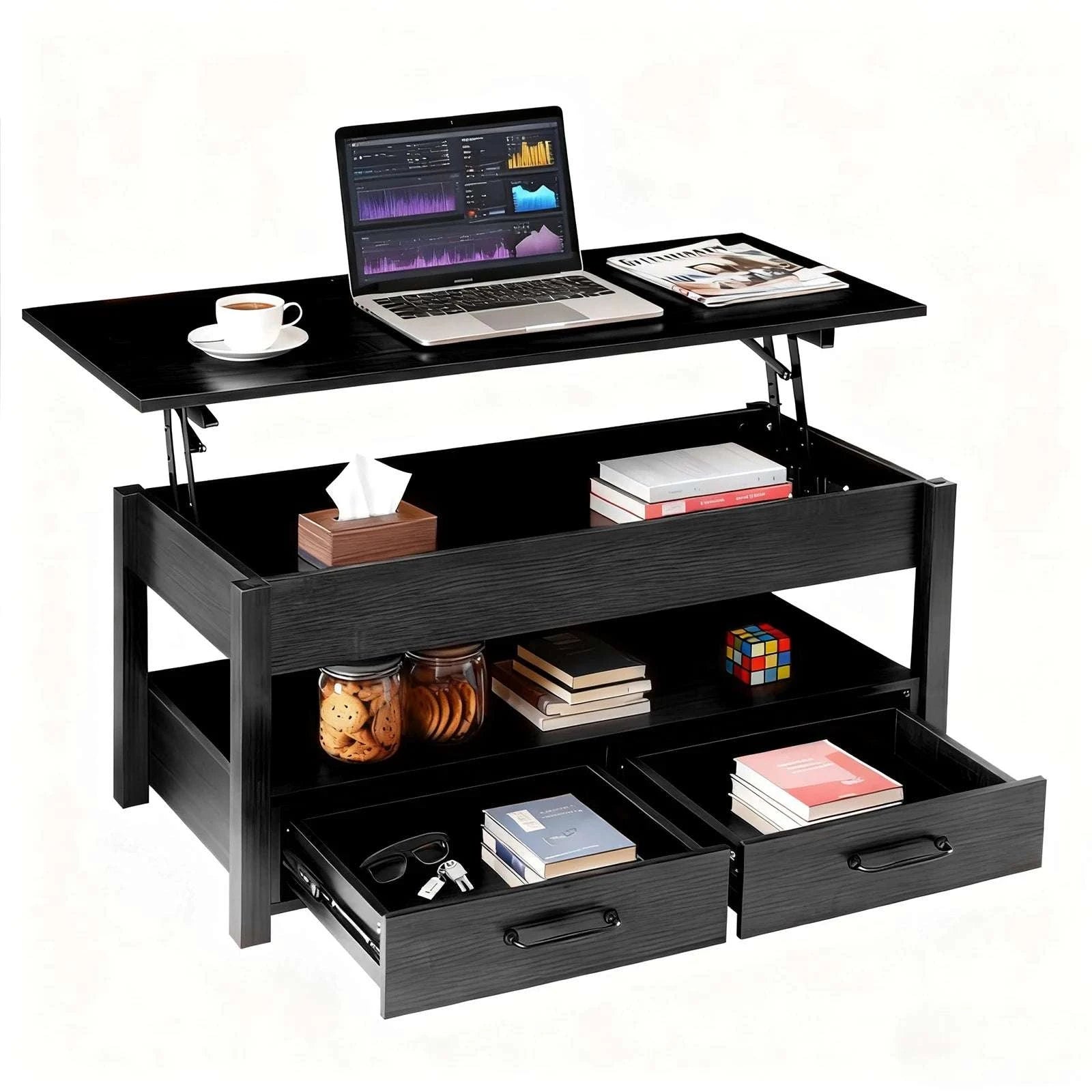 Lift Top Coffee Table with Hidden Storage and Drawers-black / United States