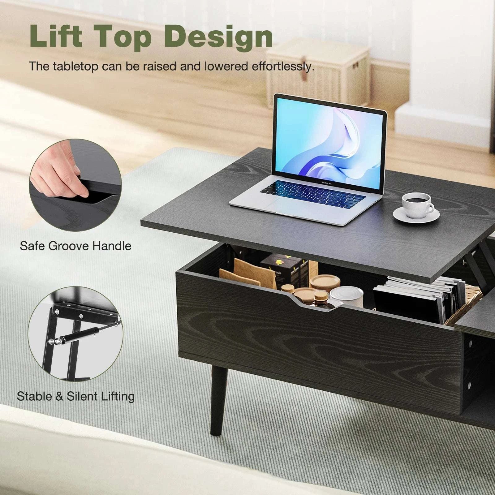 Lift Top Coffee Table with Storage Shelf 39.37" Modern Wood Desk-black / United States