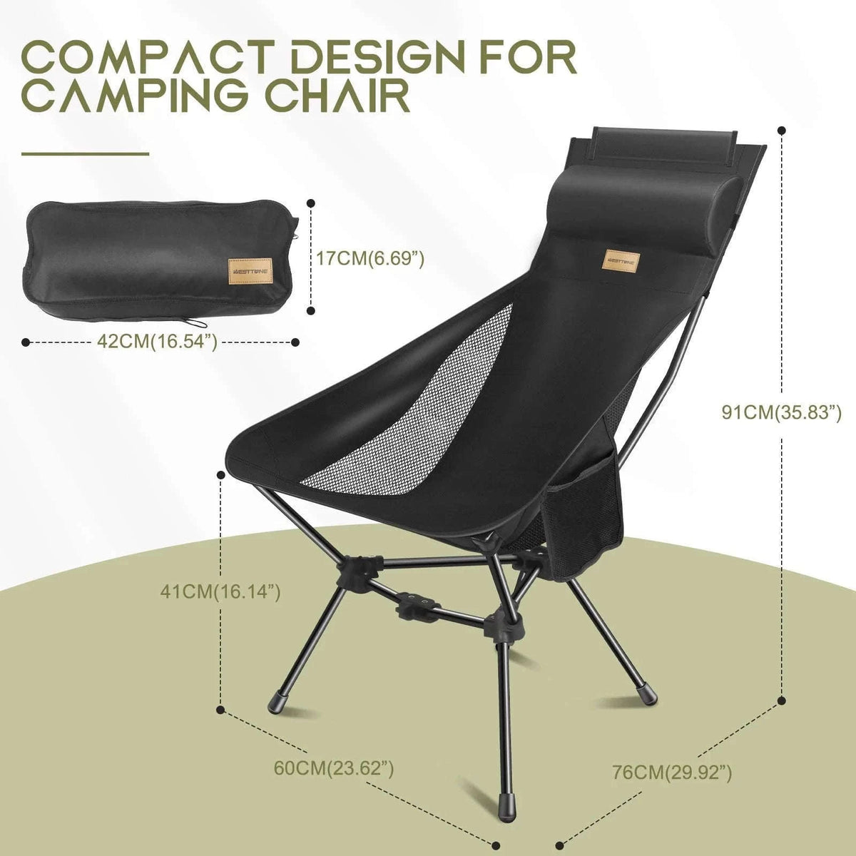 Lightweight Folding High Back Camping Chair with Head Support-Black