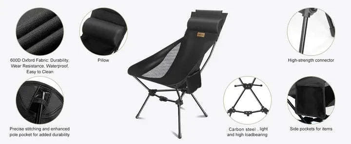 Lightweight Folding High Back Camping Chair with Head Support-Black