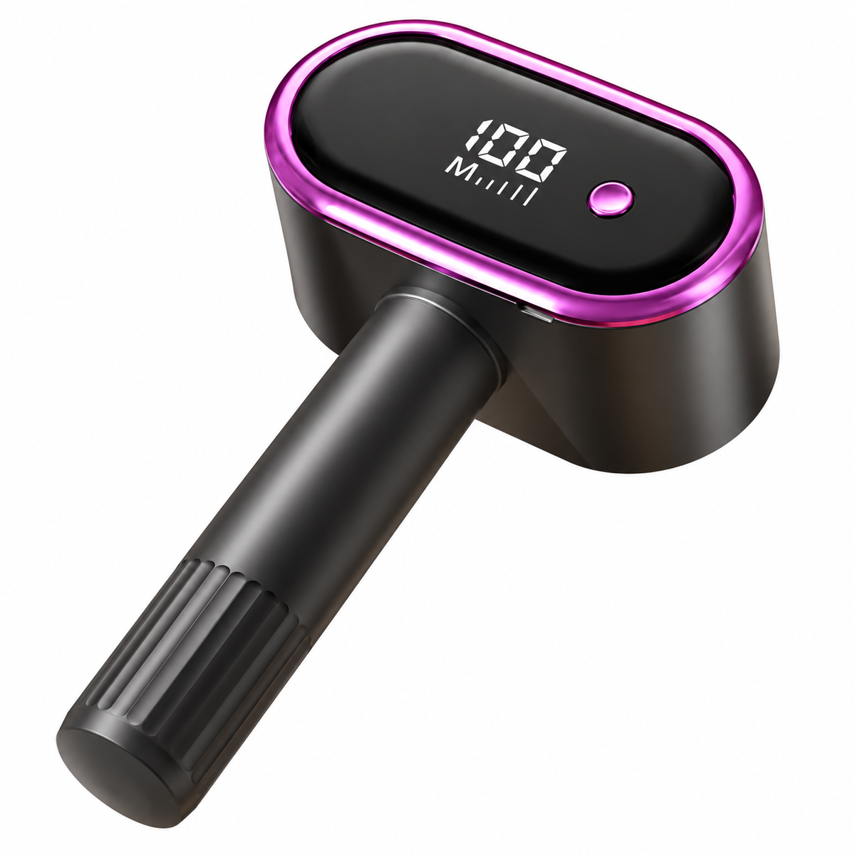 Black lint remover with magenta rim and display on white