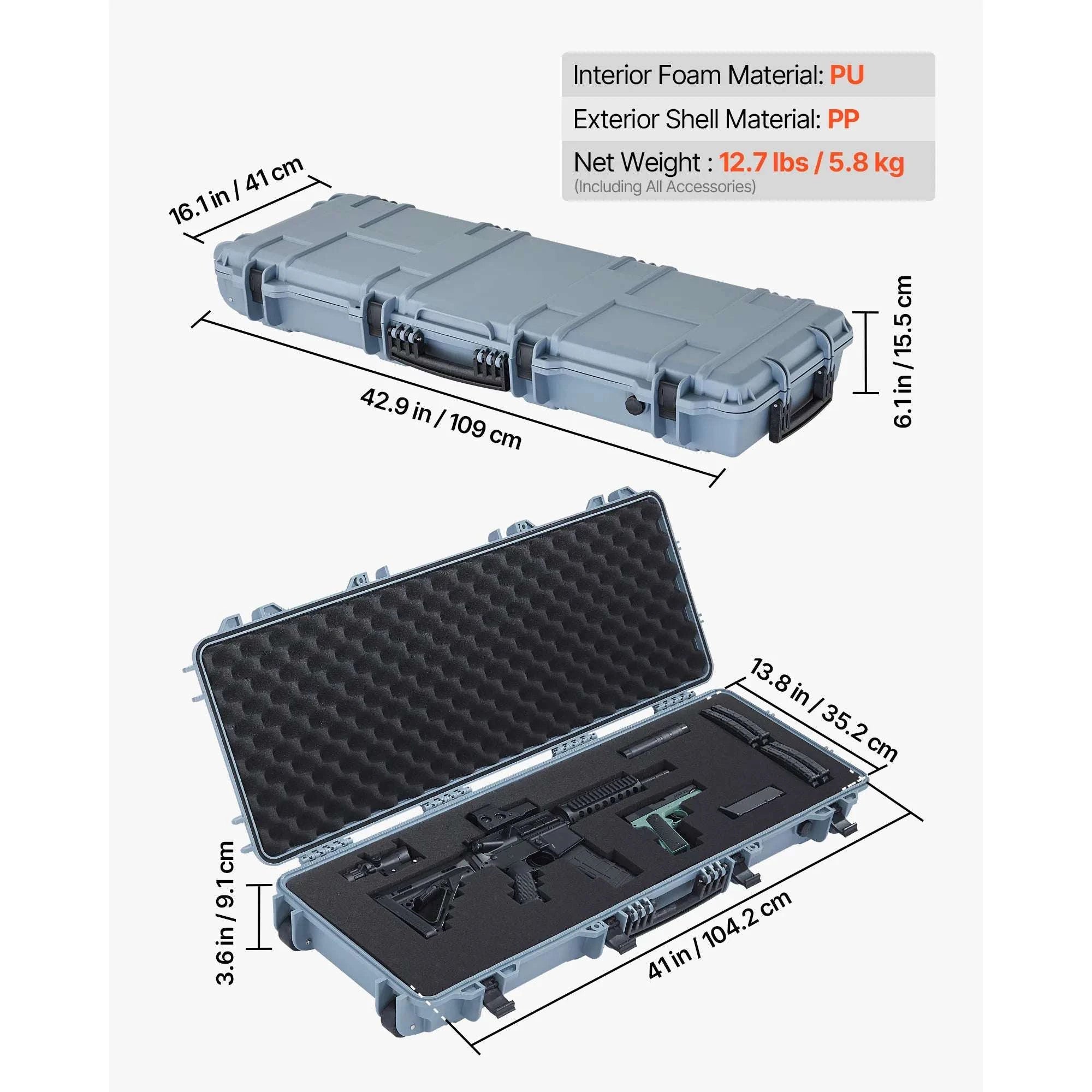 Lockable Hard Rifle Case with Foam Insert, IP67 Waterproof Travel Case-42.8x15.4in Grey / United States