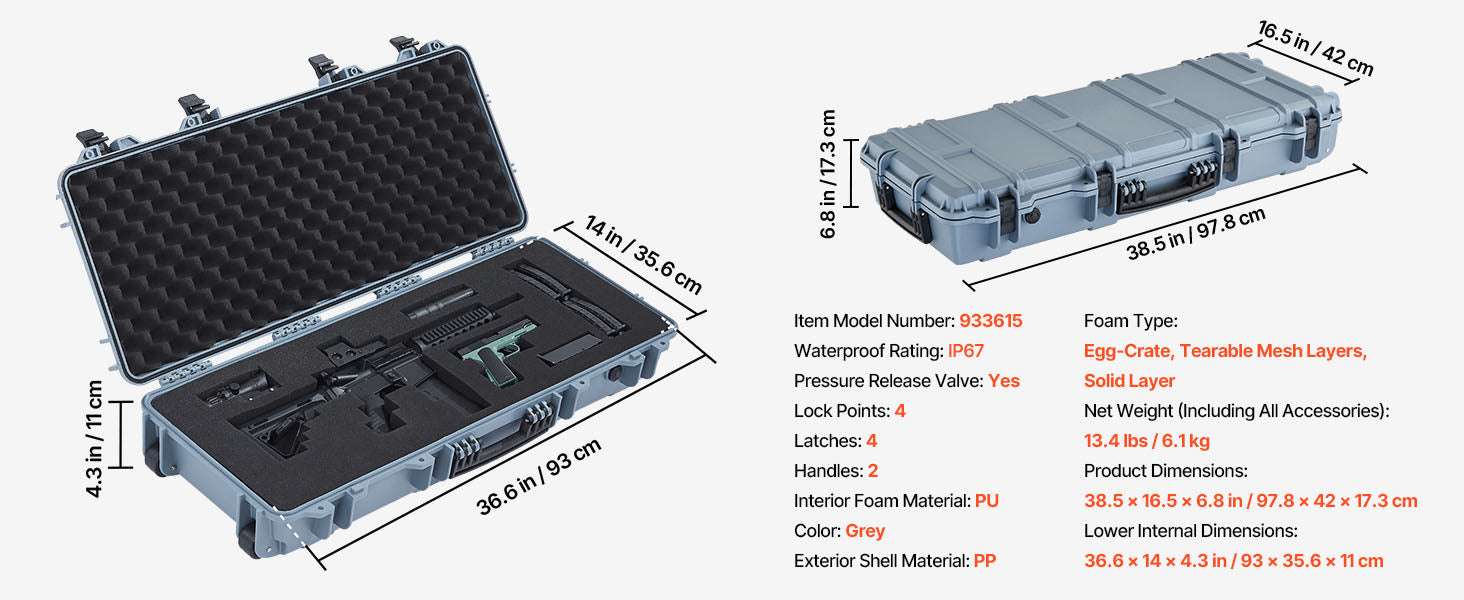 Lockable Hard Rifle Case with Foam Insert, IP67 Waterproof Travel Case-42.8x15.4in Grey / United States