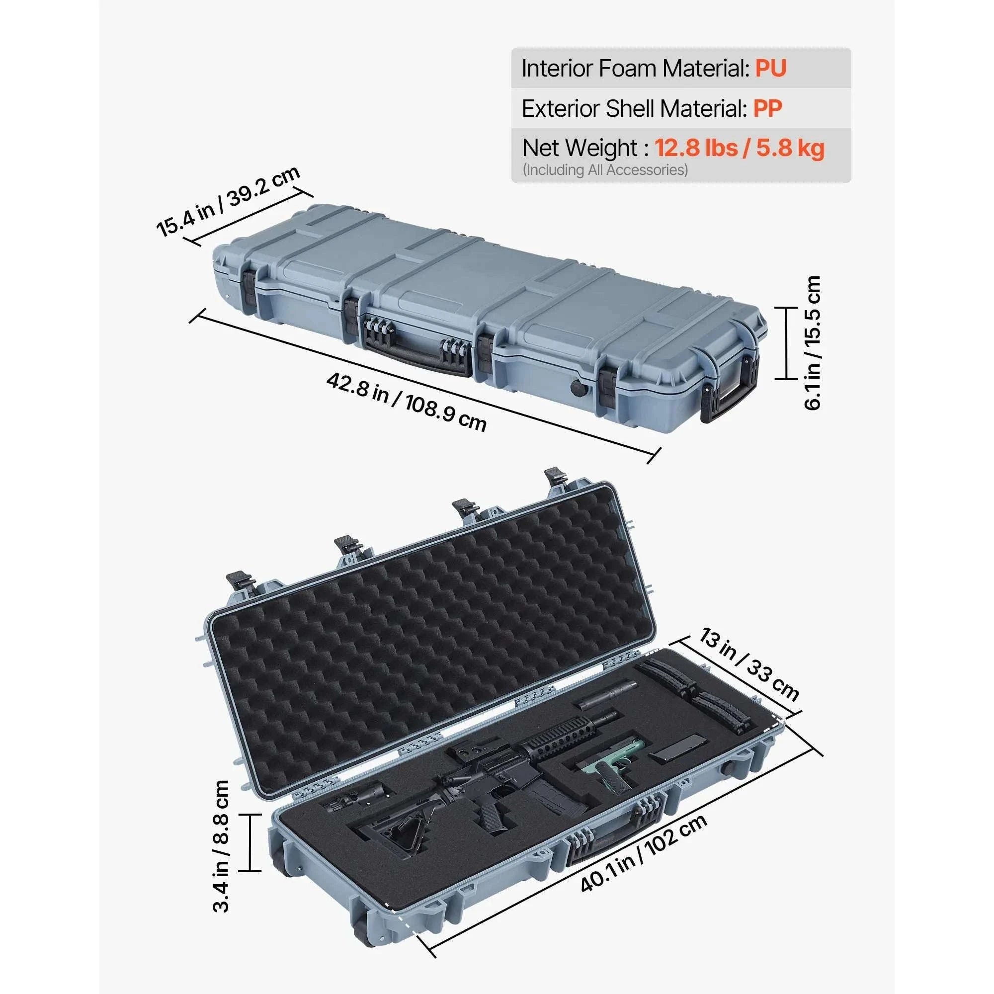 Lockable Hard Rifle Case with Foam Insert, IP67 Waterproof Travel Case-42.8x15.4in Grey / United States