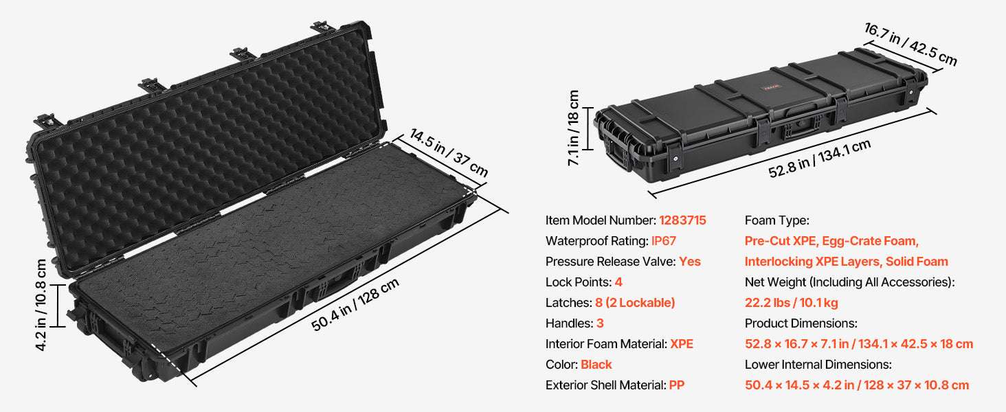 Lockable Hard Rifle Case with Foam Insert, IP67 Waterproof Travel Case-42.8x15.4in Grey / United States
