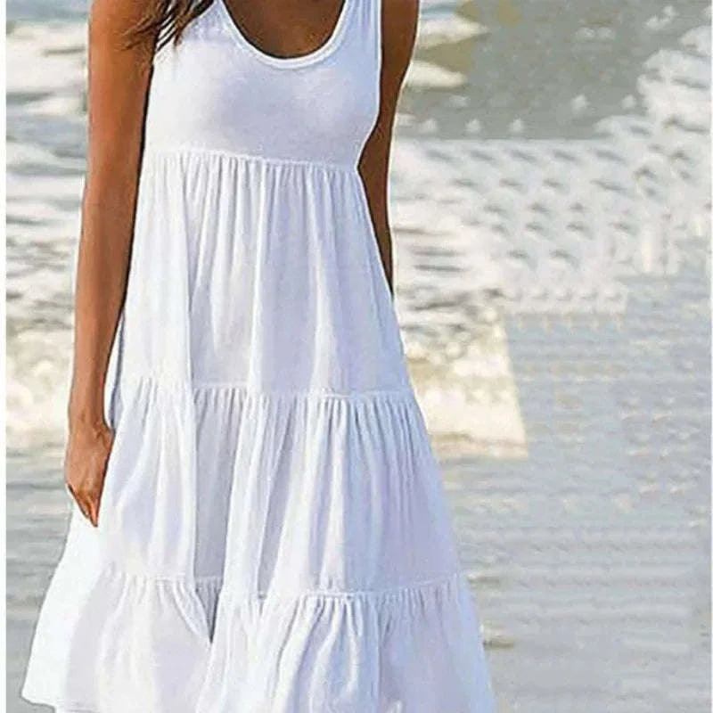 Loose Dress Women’s Casual Sleeveless Ruffle Mini Dress-8806-White / XXL