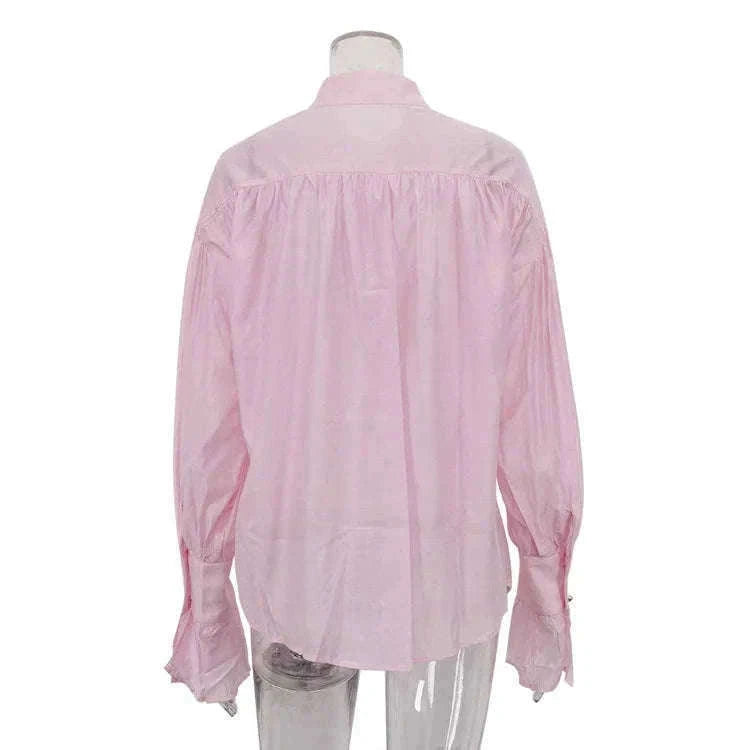 Loose Fit Chiffon Collared Shirt with Flare Sleeves for Women-Pink / S