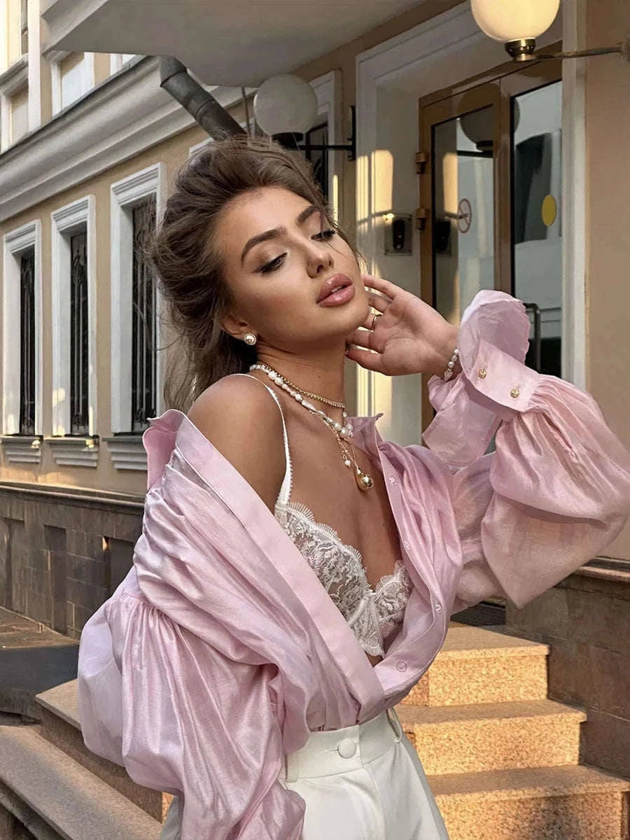 Loose Fit Chiffon Collared Shirt with Flare Sleeves for Women-Pink / S
