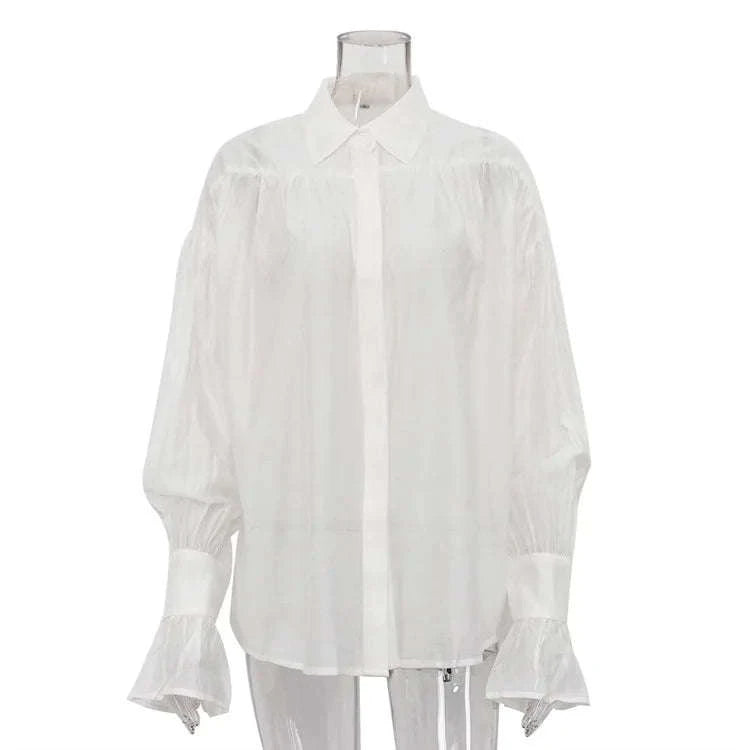 Loose Fit Chiffon Collared Shirt with Flare Sleeves for Women-Pink / S
