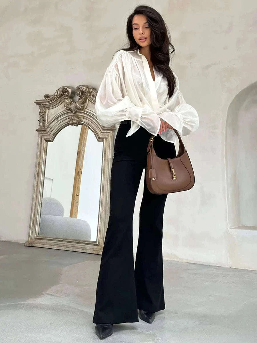 Loose Fit Chiffon Collared Shirt with Flare Sleeves for Women-Pink / S