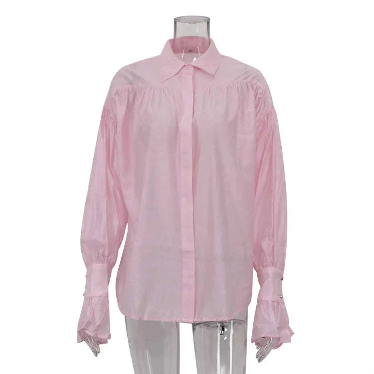Loose Fit Chiffon Collared Shirt with Flare Sleeves for Women-Pink / S
