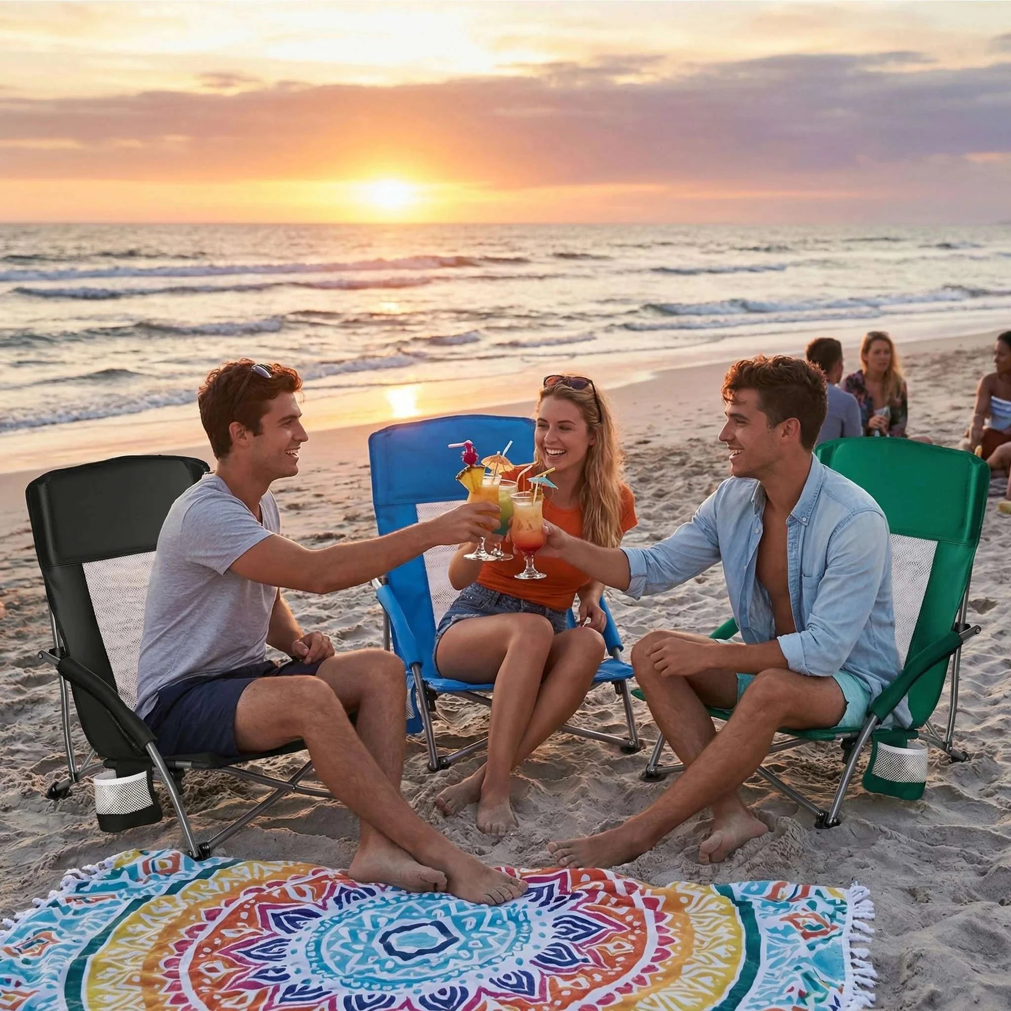 Low Folding Beach Chair with Mesh Back, Cup Holder & Armrests-Blue / United States