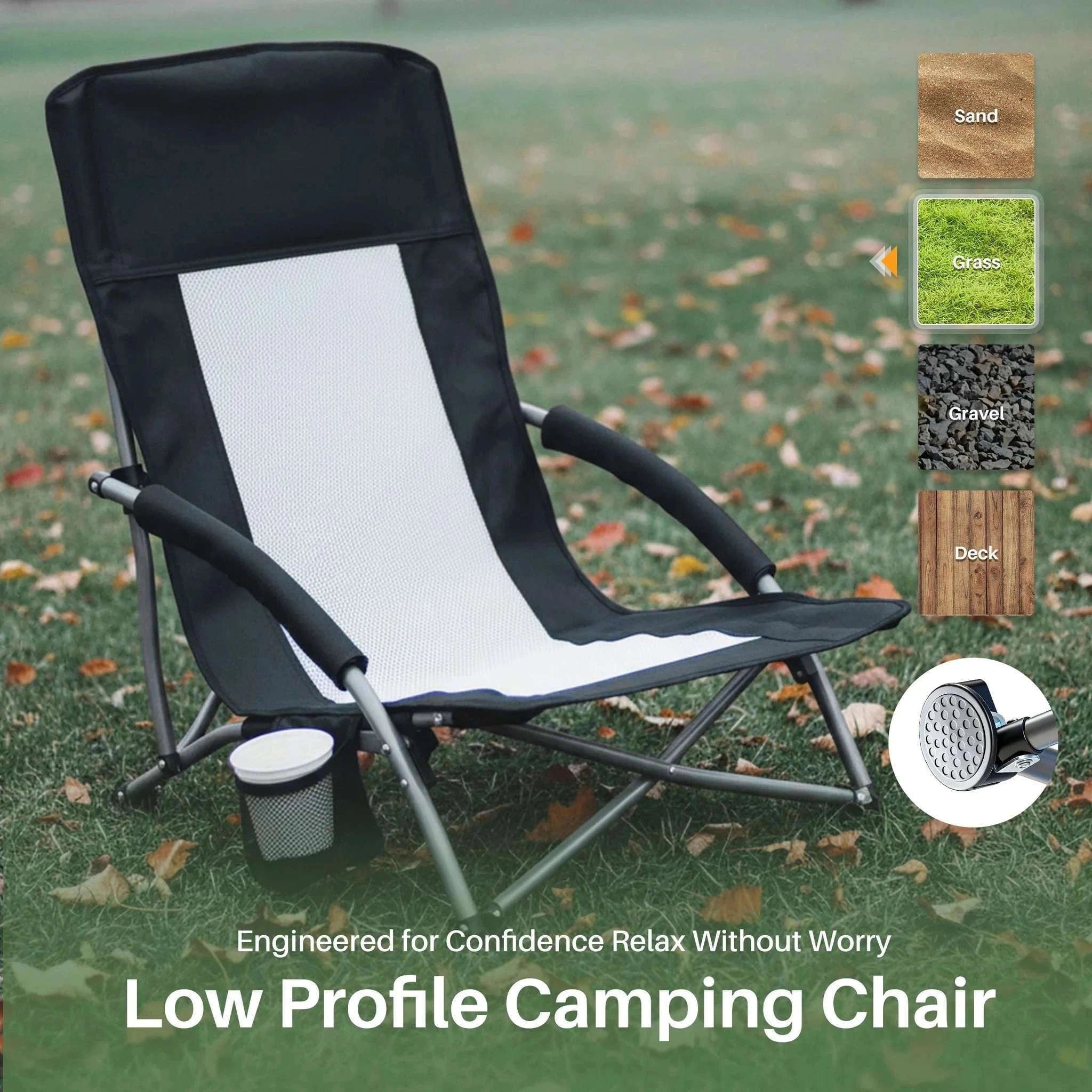 Low Folding Beach Chair with Mesh Back, Cup Holder & Armrests-Blue / United States