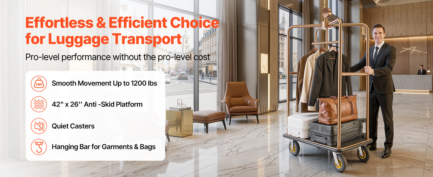 SucceBuy 1200 lbs Hotel Luggage Bellman Cart with 8in Wheels Solid Commercial Luggage Carrier Rolling Trolley for Hotels Resorts