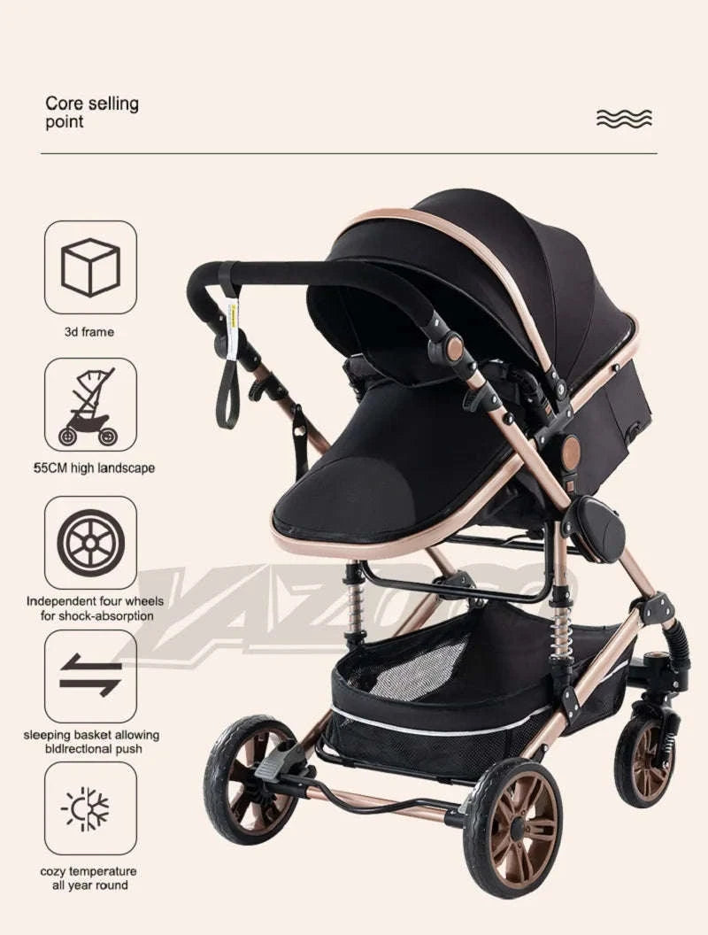 Luxurious 3‑in‑1 Baby Stroller High‑Landscape Travel System-HX1 all black