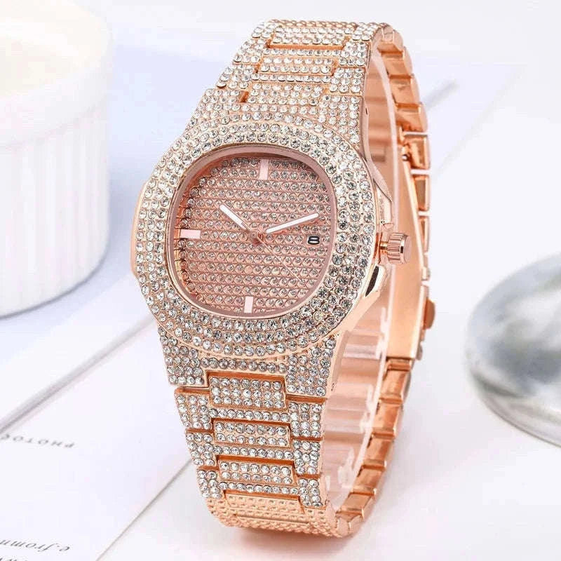 Luxury Full Diamond Men's Stainless Steel Quartz Watch-Gold