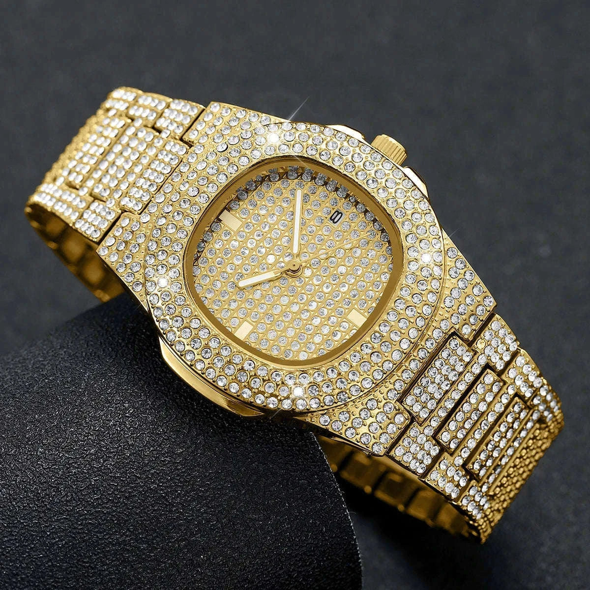 Luxury Full Diamond Men's Stainless Steel Quartz Watch-Gold