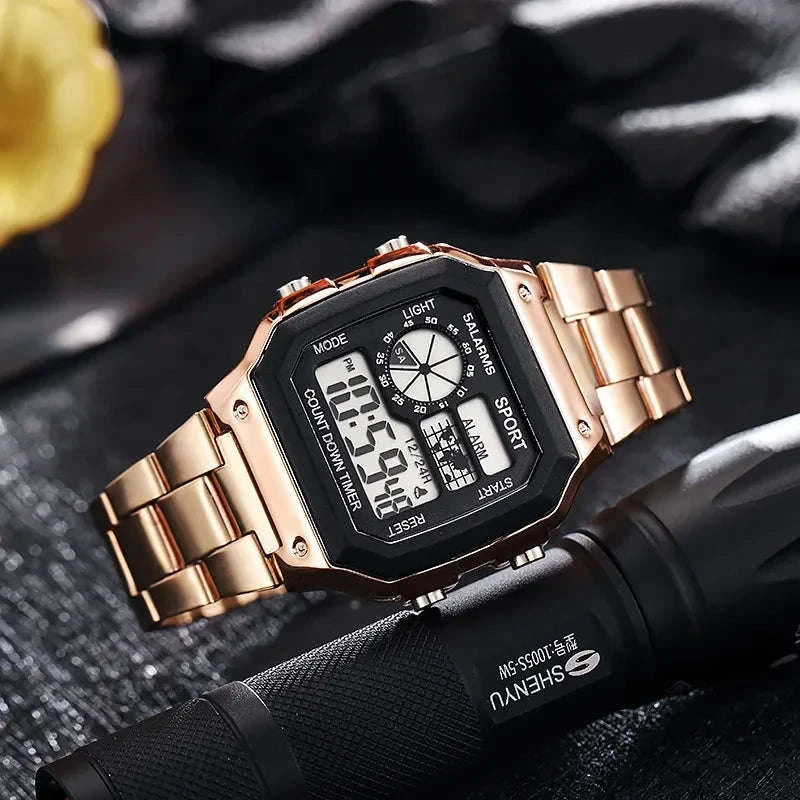 Luxury Men's Digital Watch with Stainless Steel Strap-Rose-gold