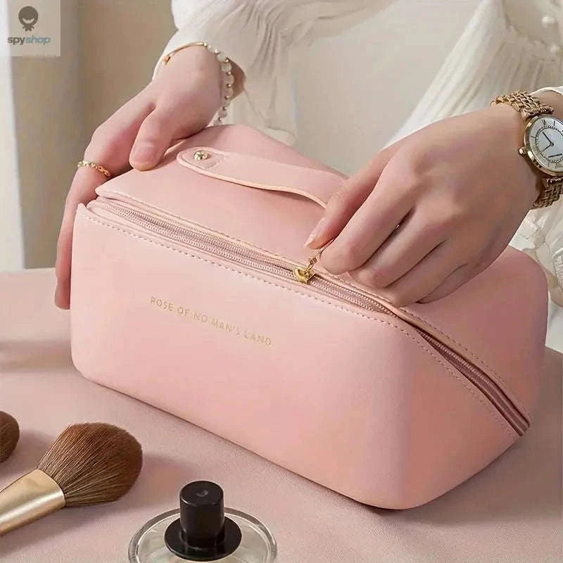 Luxury PU Leather Makeup Organizer Bag – Elegant, Durable, Travel-Ready-pink