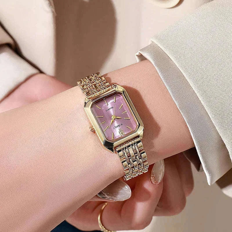 Luxury Quartz Watch with Rhinestone Detail and Rectangular Dial-Pink