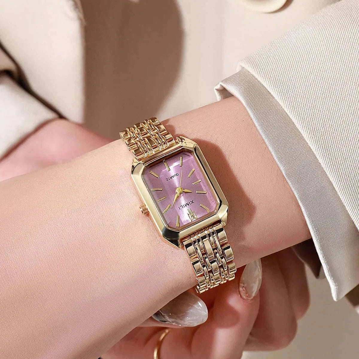 Luxury Quartz Watch with Rhinestone Detail and Rectangular Dial-Pink