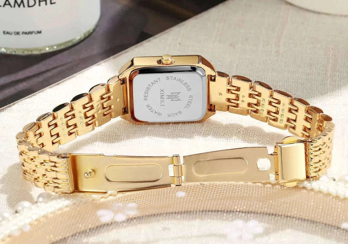 Luxury Quartz Watch with Rhinestone Detail and Rectangular Dial-Pink