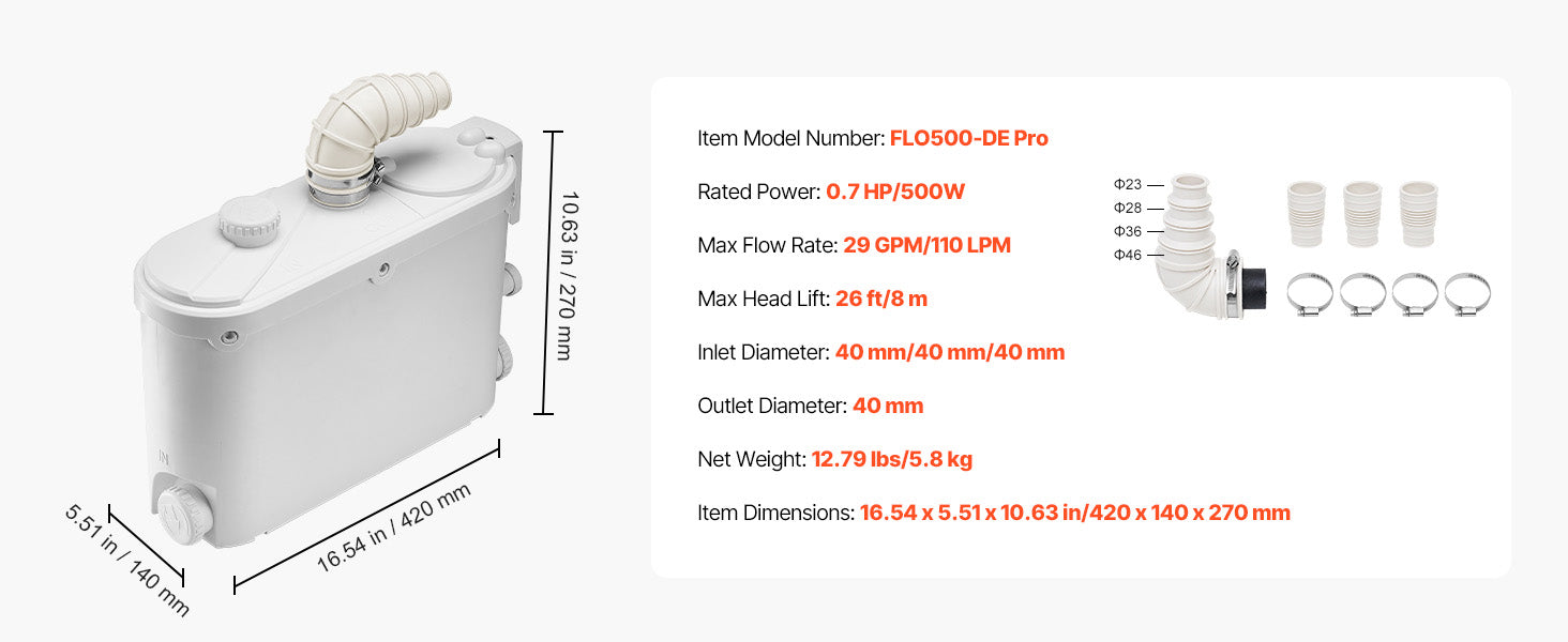 SucceBuy Macerator Pump 500W 29 GPM Flow 26ft/8m Head Sewerage Toilet Pump for Kitchen, Basement, Shower, Sink, Laundry, Bathtub