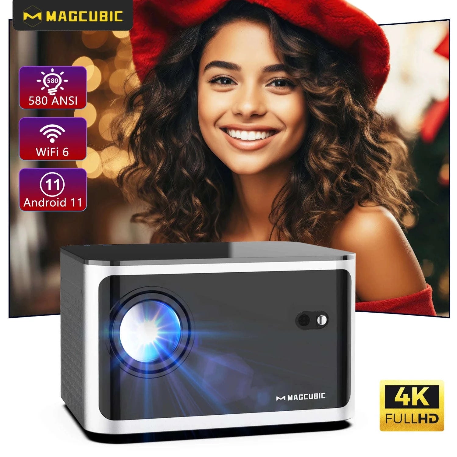 Magcubic HY350 Pro 580ANSI Auto Focus 4K Android Projector-HY350-Black-Upgrated / UK Plug