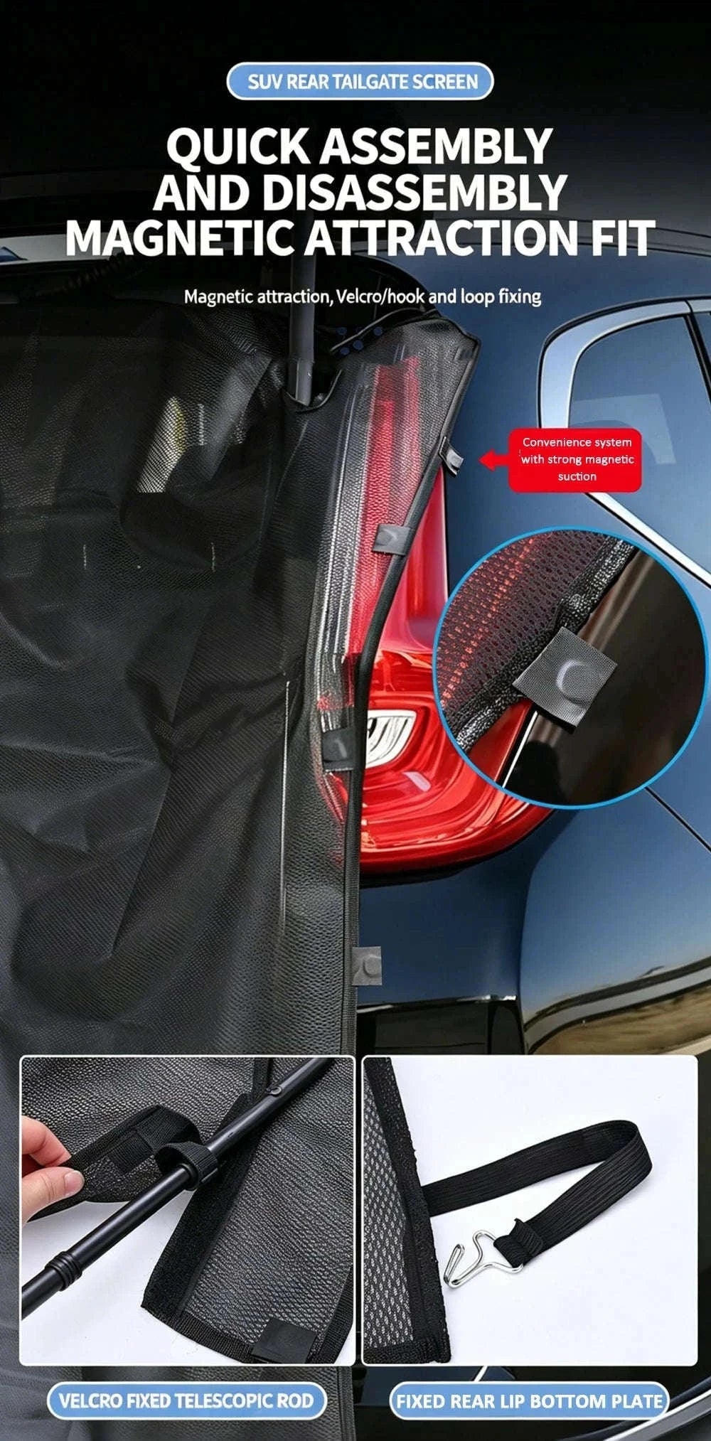Magnetic Car Trunk Mosquito Screen for Small to Mid-Size SUVs-Black