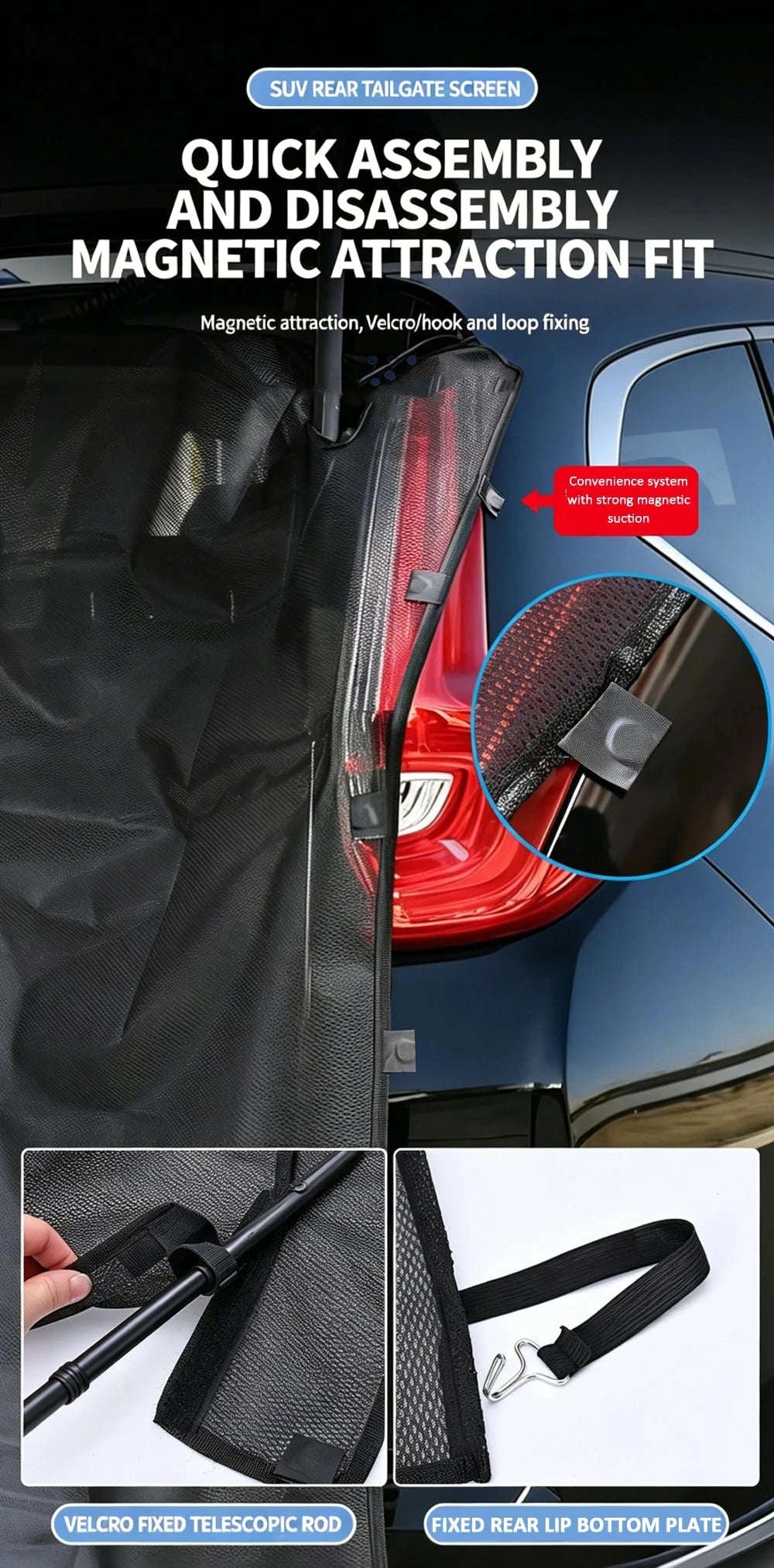 Magnetic Car Trunk Mosquito Screen for Small to Mid-Size SUVs-Black