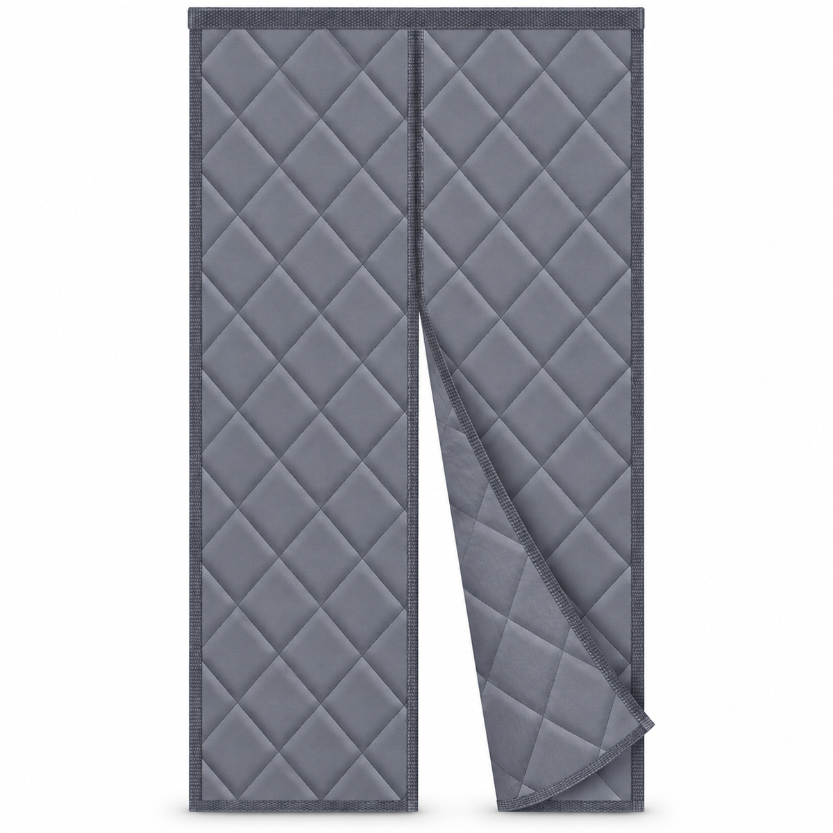Gray quilted magnetic thermal door curtain on white