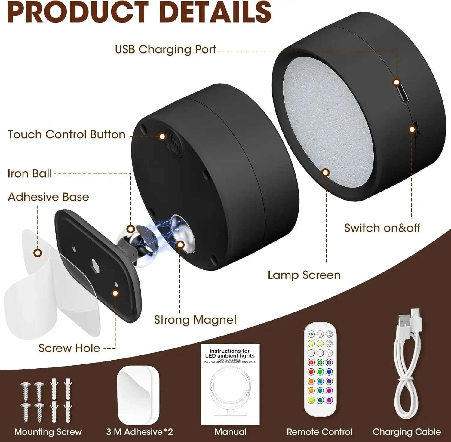 Magnetic LED Wall Light with 360° Rotation and Remote Control-White