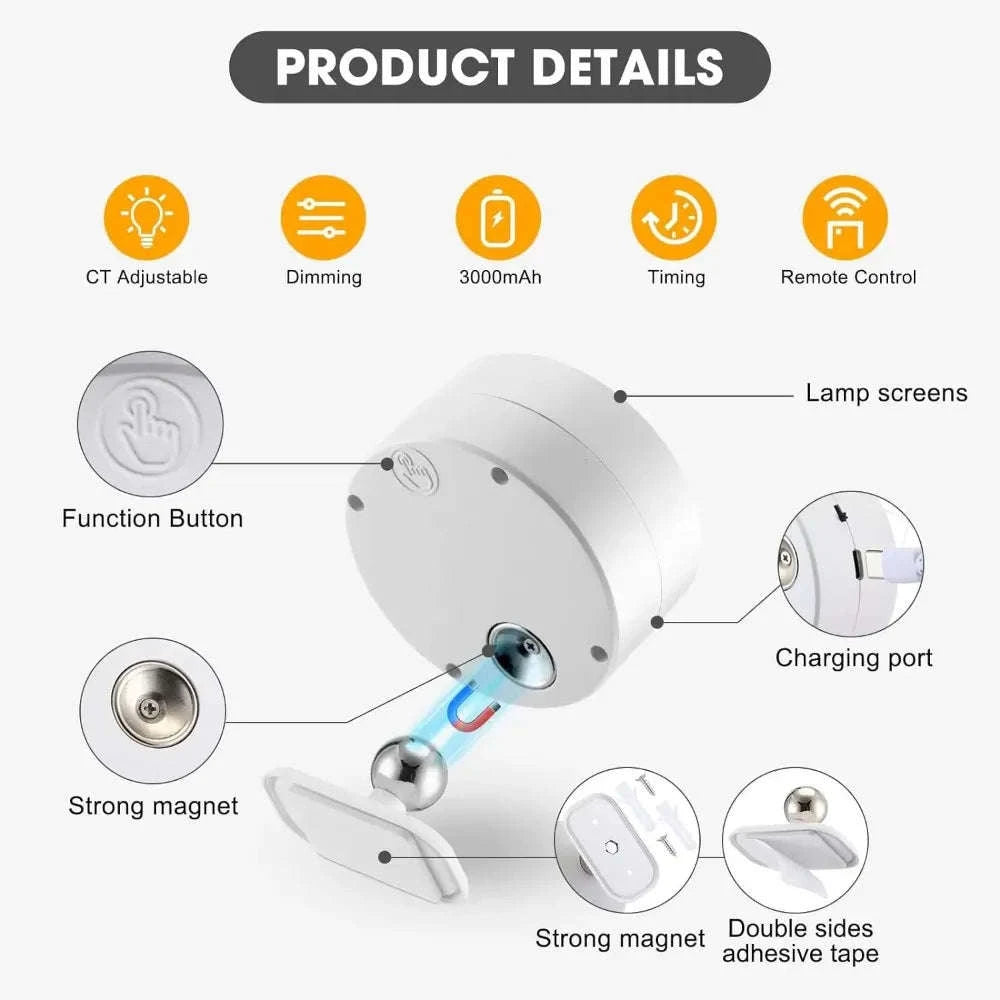 Magnetic LED Wall Light with 360° Rotation and Remote Control-White