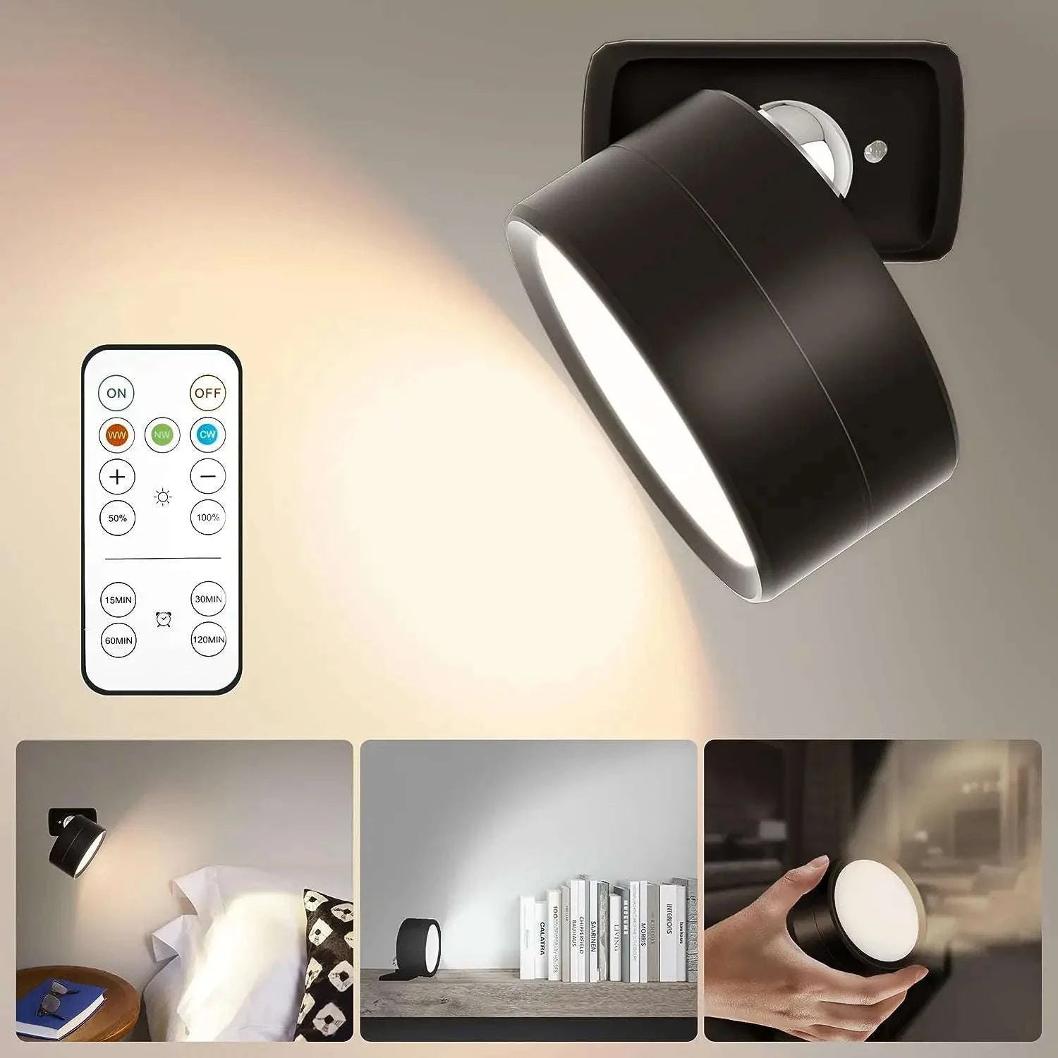 Magnetic LED Wall Light with 360° Rotation and Remote Control-White