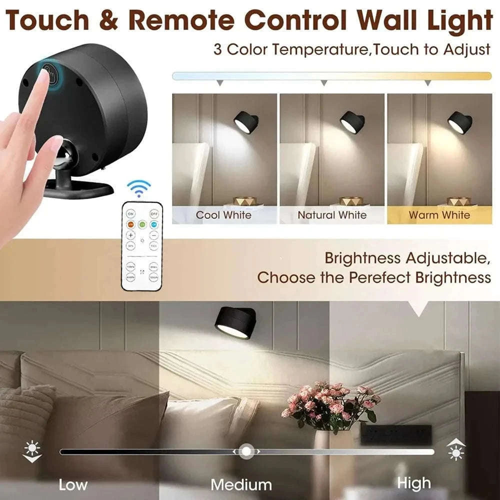 Magnetic LED Wall Light with Remote Control and 360° Rotation-White