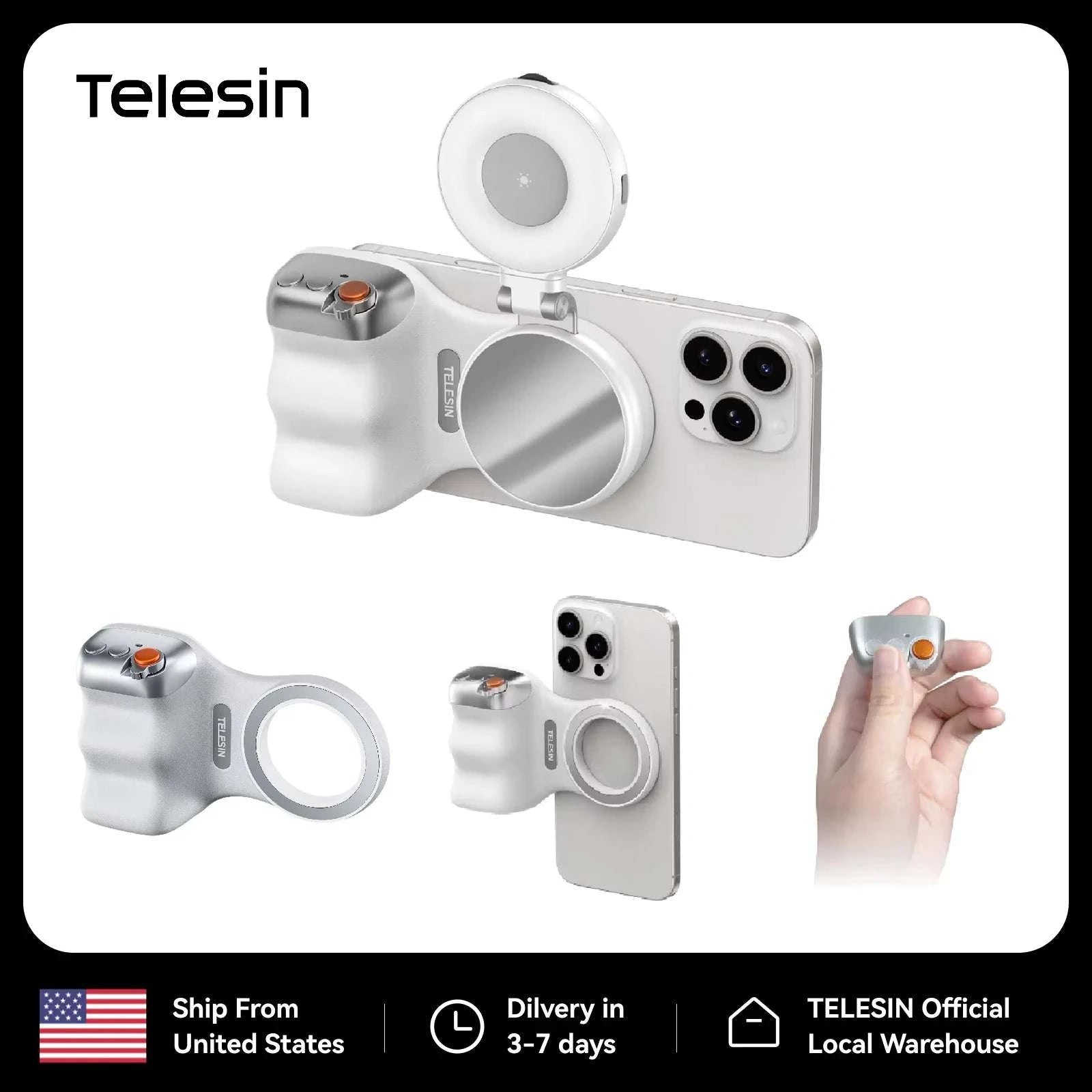 Magnetic Phone Camera Grip with Remote & Bluetooth Control-White No light / United States