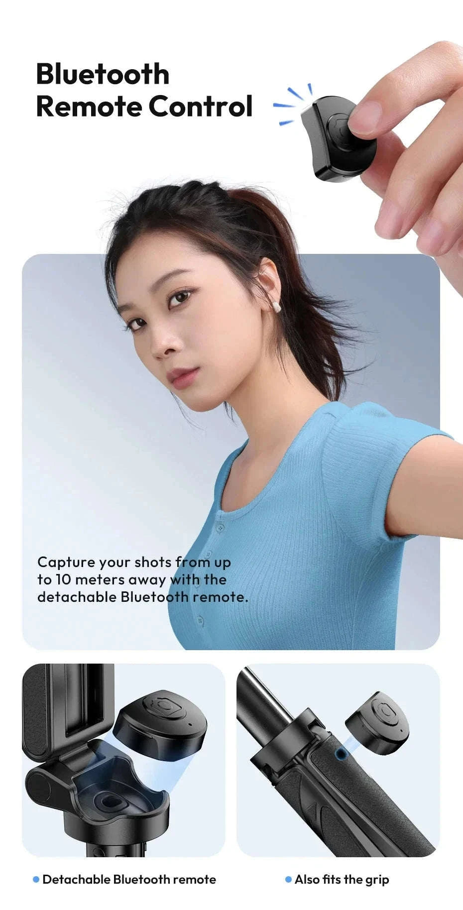 Magnetic Phone Tripod Wireless Grip Selfie Stick-Black