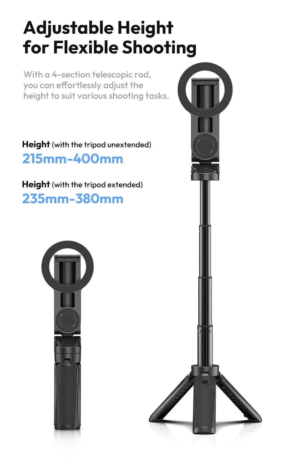 Magnetic Phone Tripod Wireless Grip Selfie Stick-Black