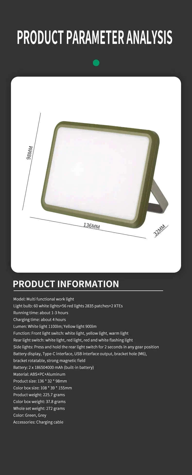 Magnetic Rechargeable LED Camping Light-W505 gray