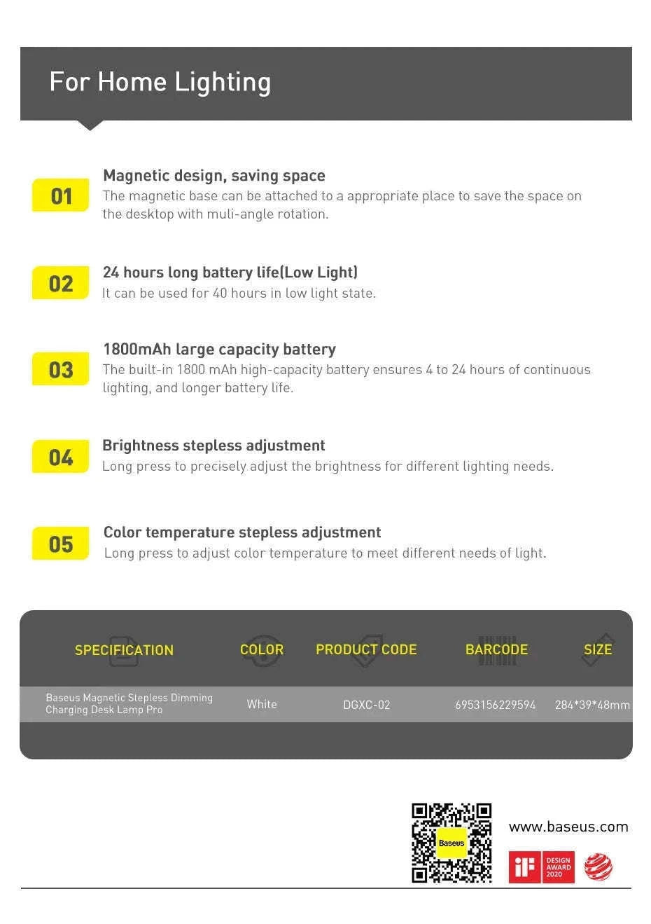 Magnetic Rechargeable LED Desk Light with Stepless Dimming-White