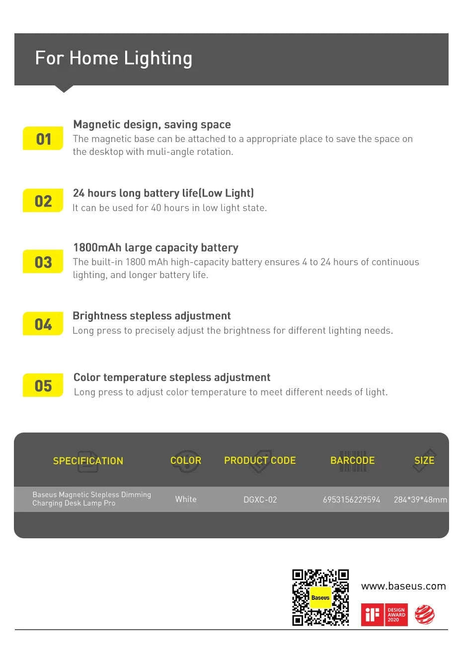 Magnetic Rechargeable LED Desk Light with Stepless Dimming-White