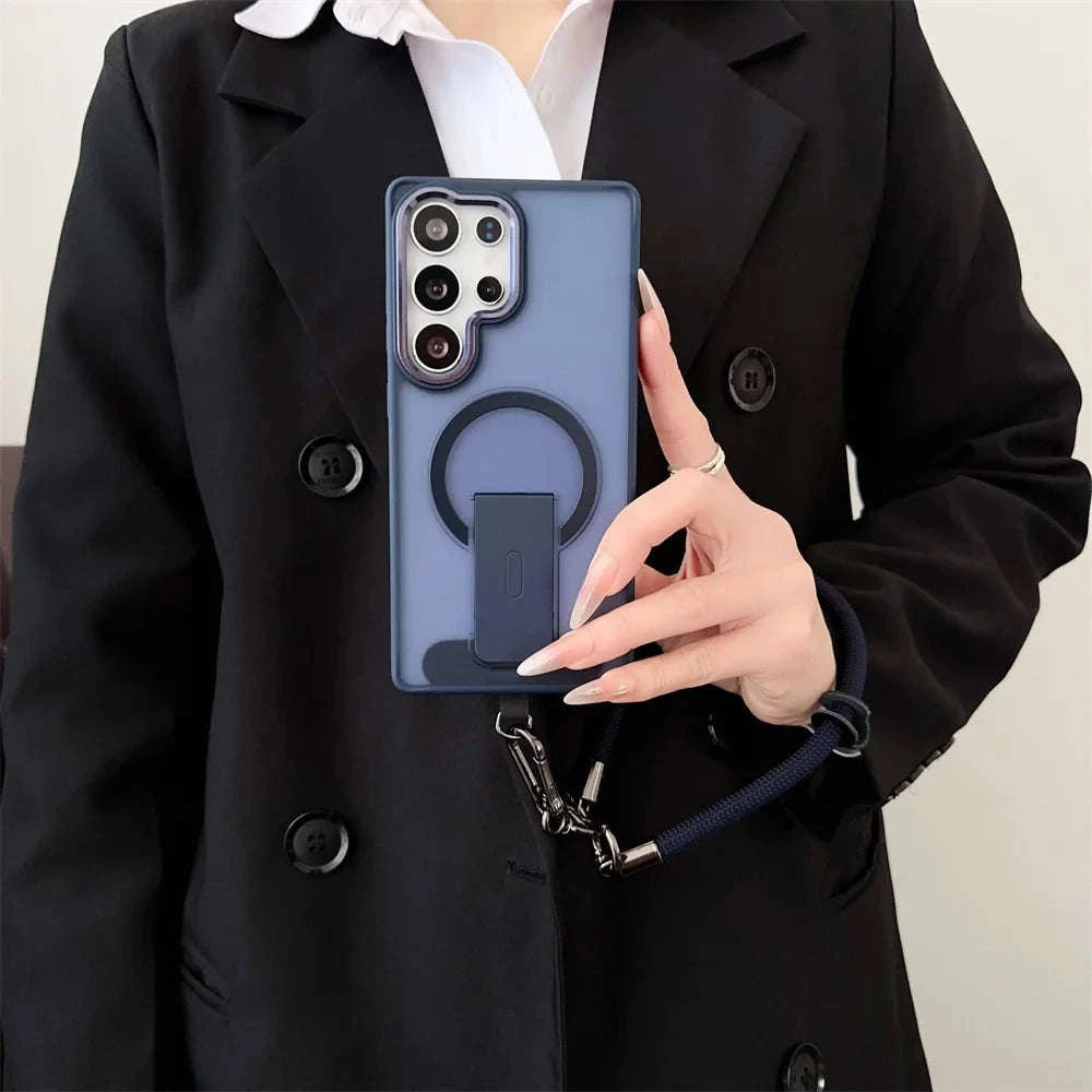 Magnetic Wireless Charging Phone Case with Lanyard for Samsung Galaxy-Full Black / For SamsungS25 Ultra