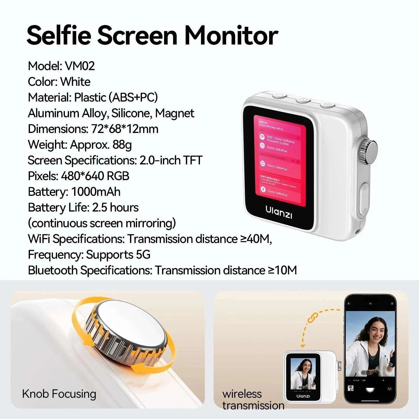 Magnetic Wireless Selfie Screen Monitor for Rear Camera Vlogging-VM02 Red / China Mainland