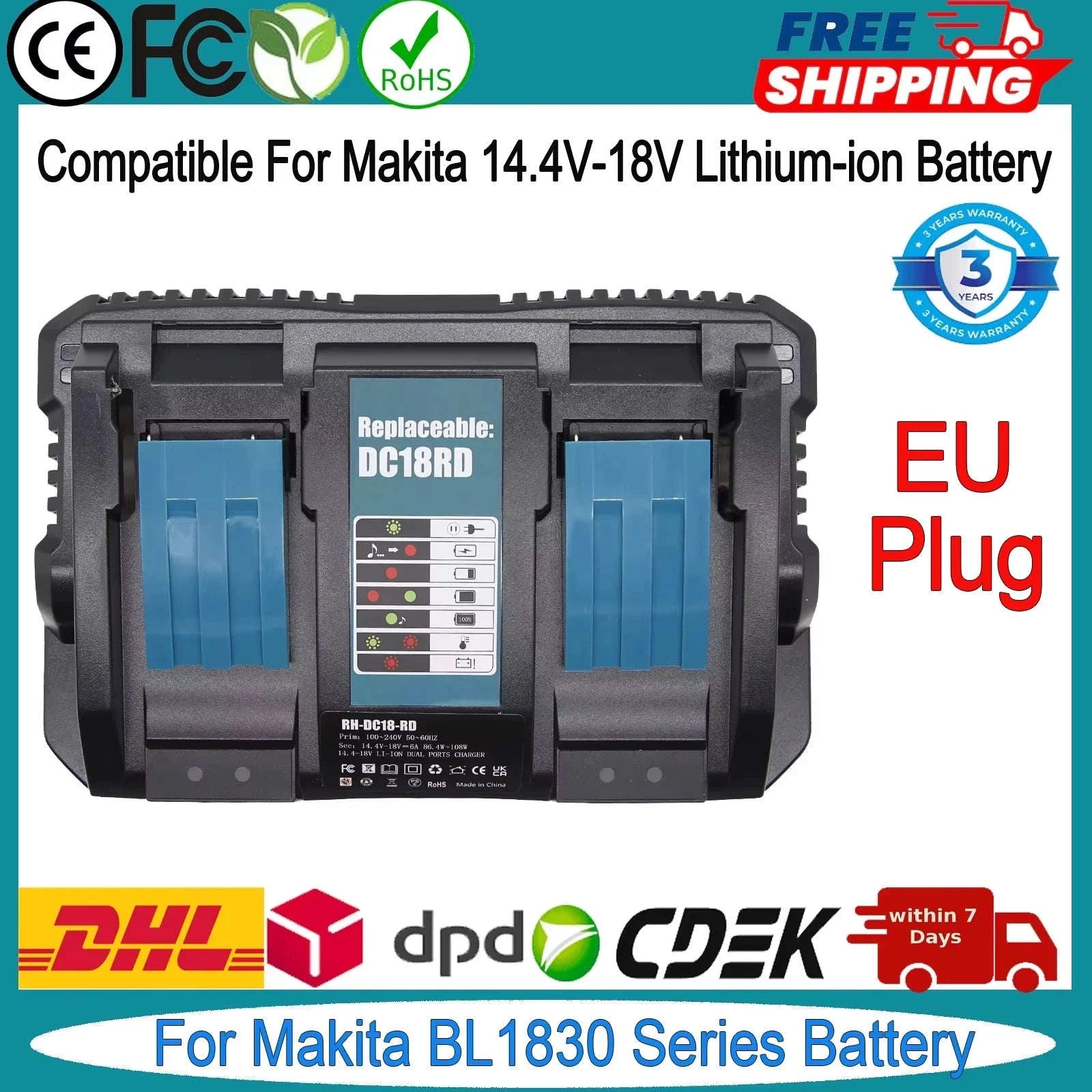 Makita 18V Double Charger EU Plug Replacement-6A Dual Charger / EU / GERMANY