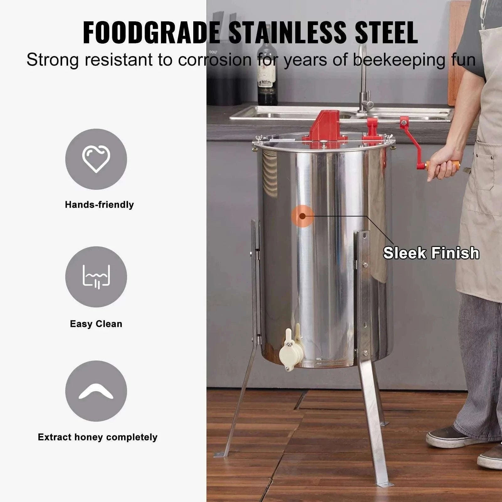 Manual 3-Frame Honey Extractor Stainless Steel Beekeeping Spinner-15in / United States