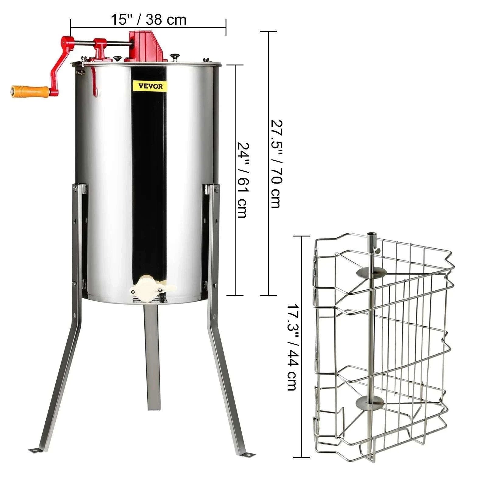 Manual 3-Frame Honey Extractor Stainless Steel Beekeeping Spinner-15in / United States