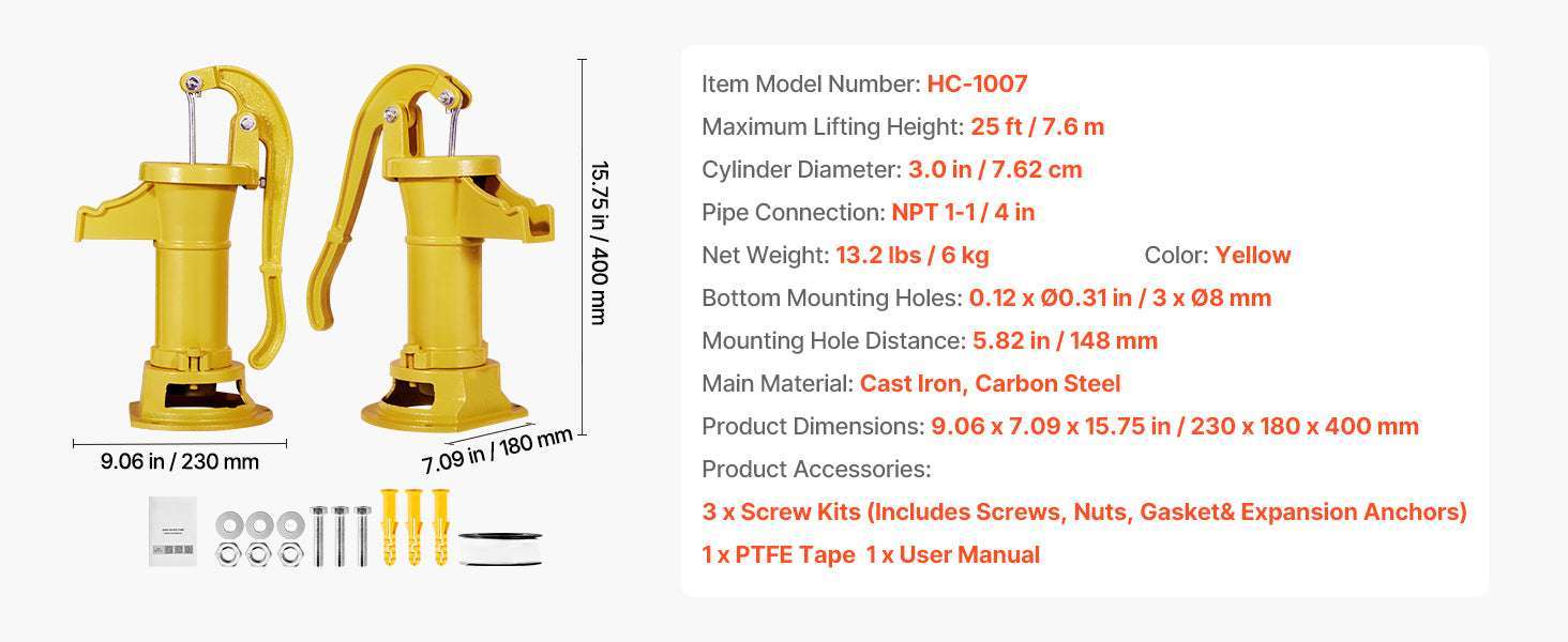Manual Cast Iron Hand Water Pump 25 ft Lift for Wells & Garden-Red / United States