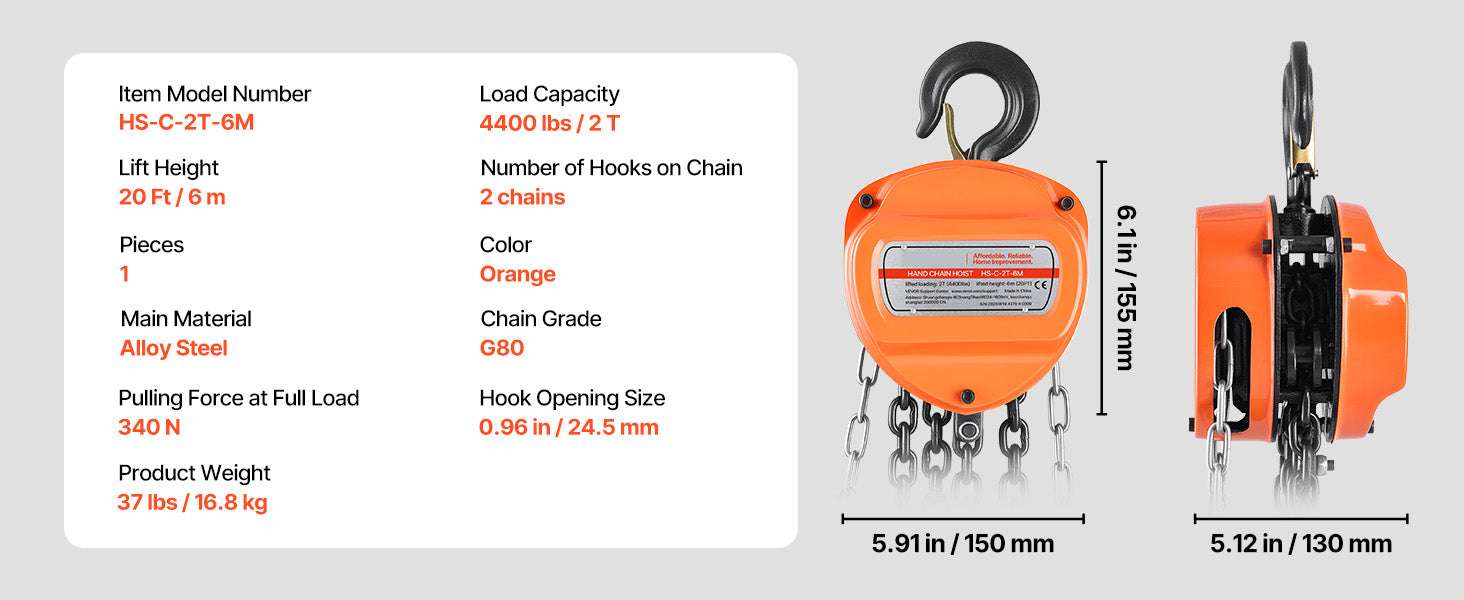 Manual Chain Hoist 1100–6600 lbs with G80 Chain, 10ft/20ft Lift-2T 20FT / United States