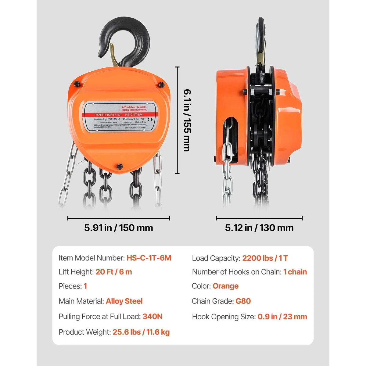 Manual Chain Hoist 1100–6600 lbs with G80 Chain, 10ft/20ft Lift-2T 20FT / United States