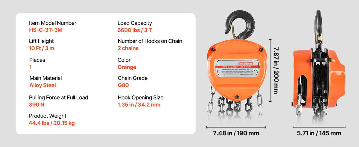 Manual Chain Hoist 1100–6600 lbs with G80 Chain, 10ft/20ft Lift-2T 20FT / United States
